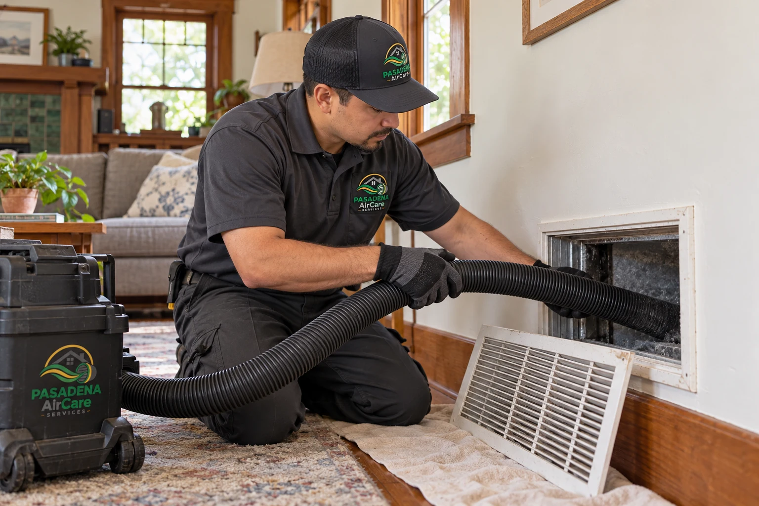 Technician checking a residential return — generated Pasadena AirCare Services illustration