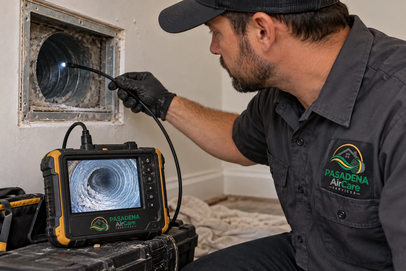 Duct camera inspection — generated Pasadena AirCare Services illustration