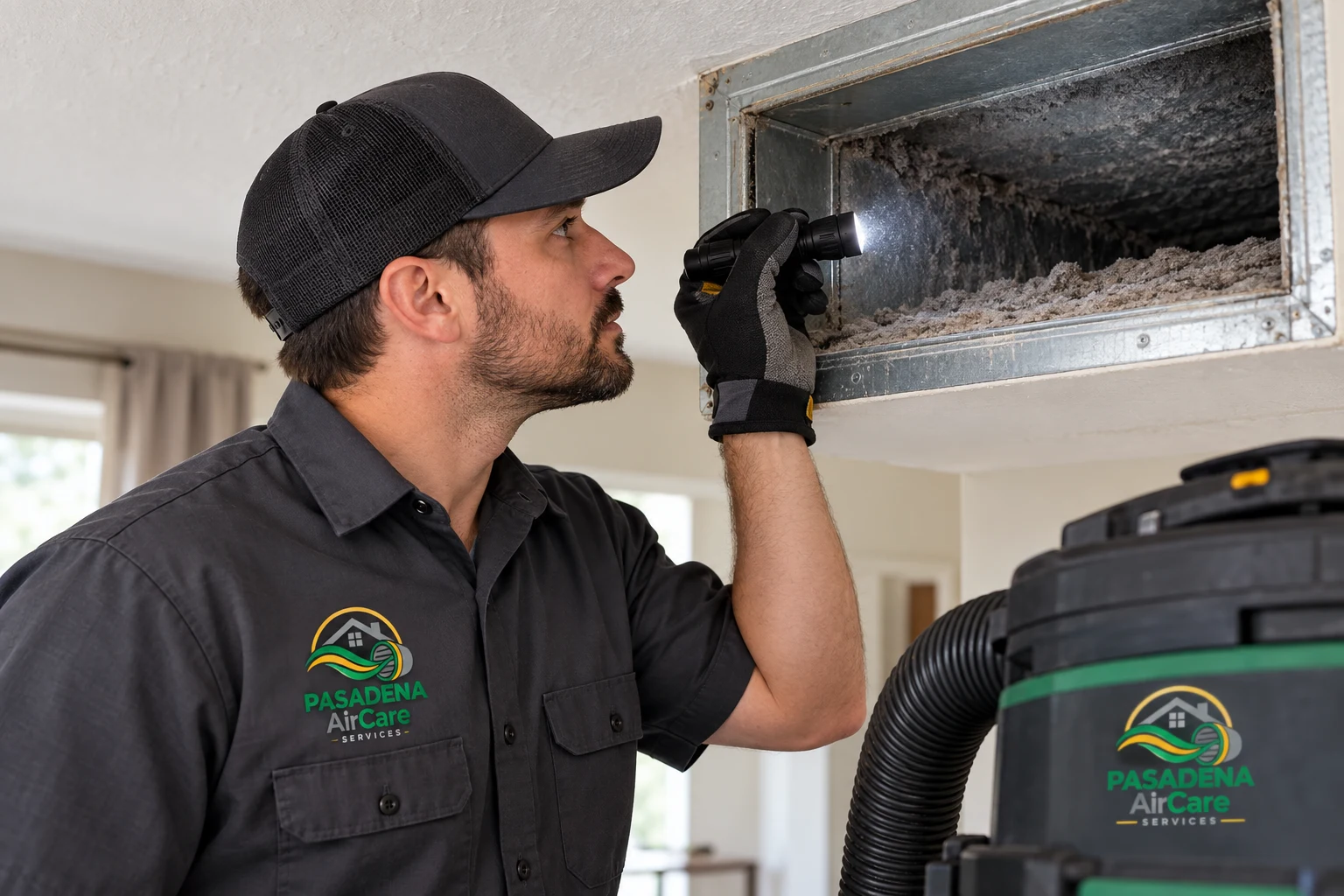 Accessible supply duct inspection — generated Pasadena AirCare Services illustration