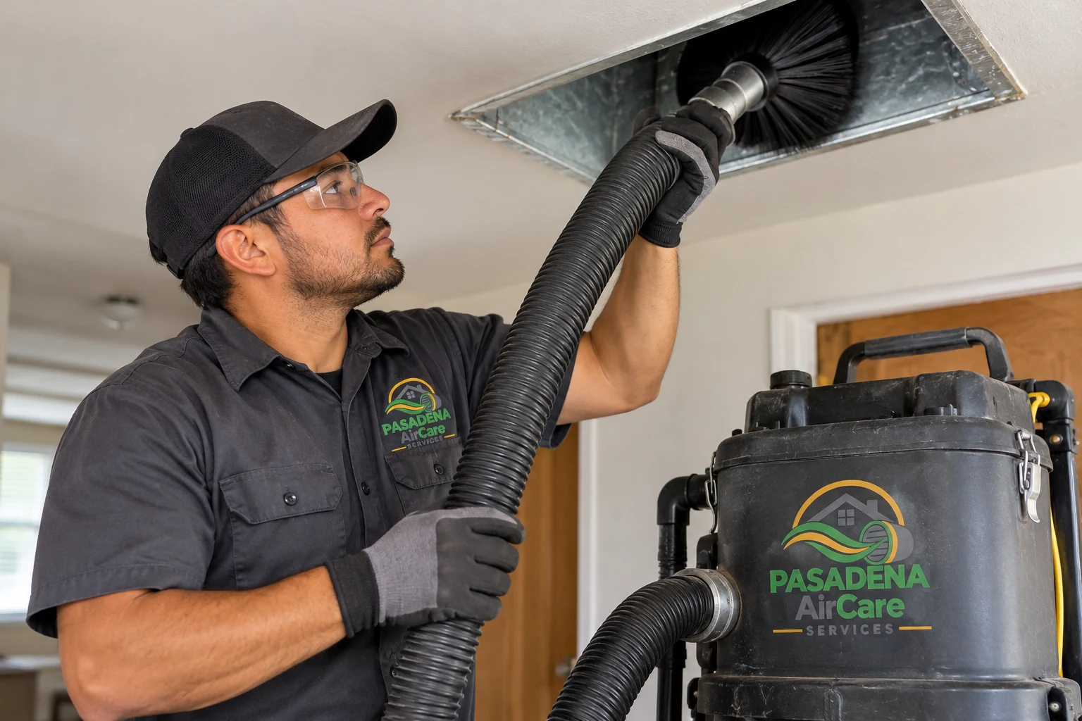 Duct cleaning equipment and technician — generated Pasadena AirCare Services illustration