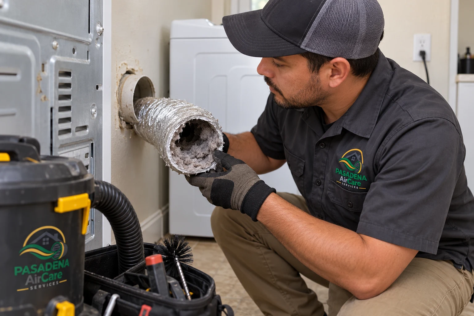 Dryer exhaust inspection — generated Pasadena AirCare Services illustration