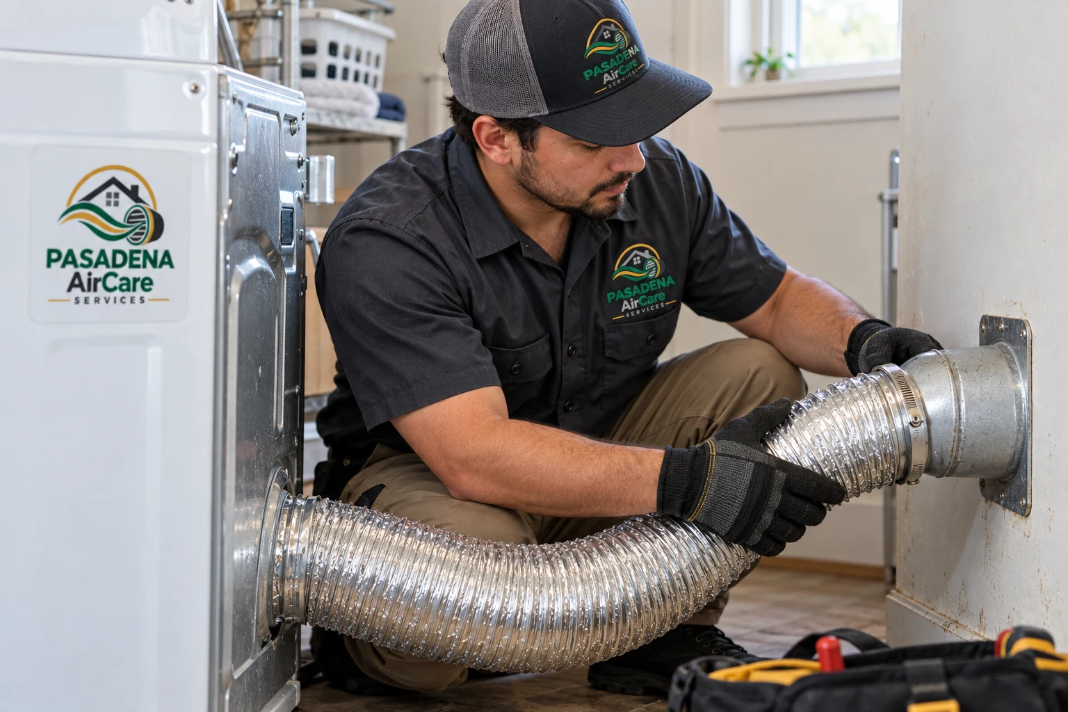 Dryer exhaust reconnection — generated Pasadena AirCare Services illustration