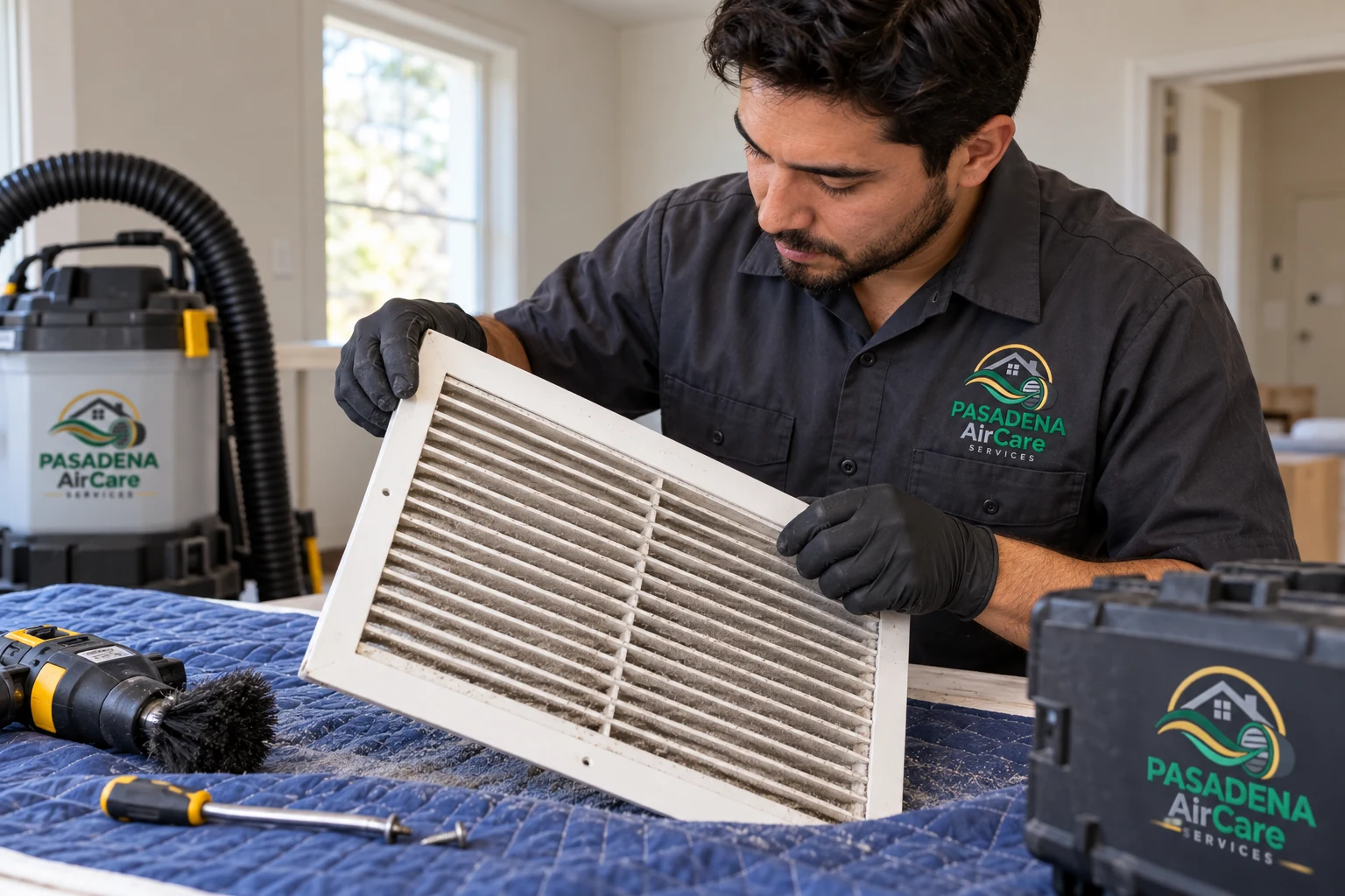 Dusty register inspection — generated Pasadena AirCare Services illustration
