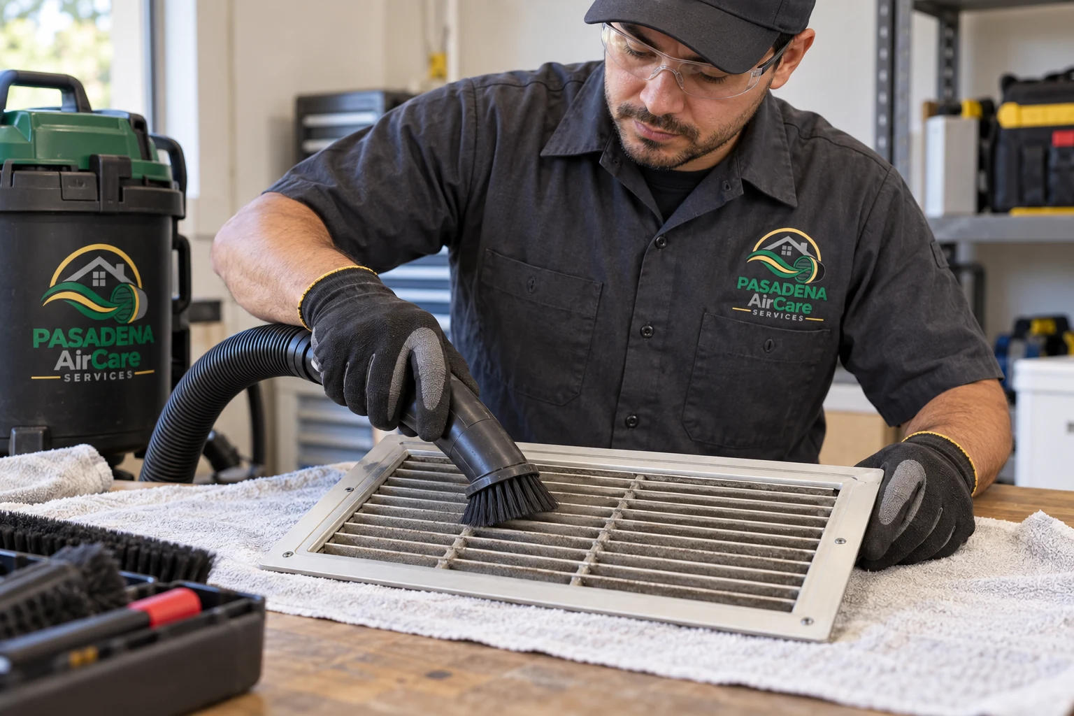 Register cleaning at workbench — generated Pasadena AirCare Services illustration